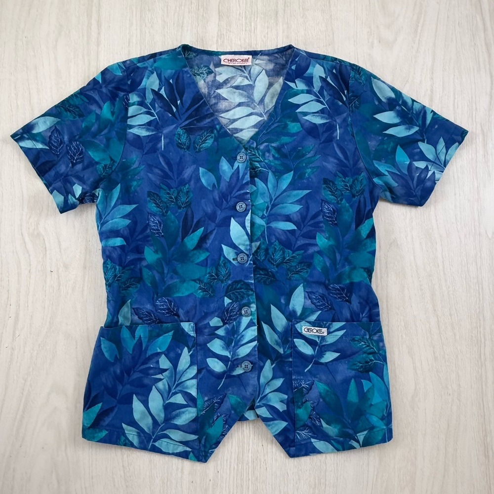 Women's Scrub Top Small Floral Teal Blue 2-Pocket Whimsy Y2K Fitted Cherokee